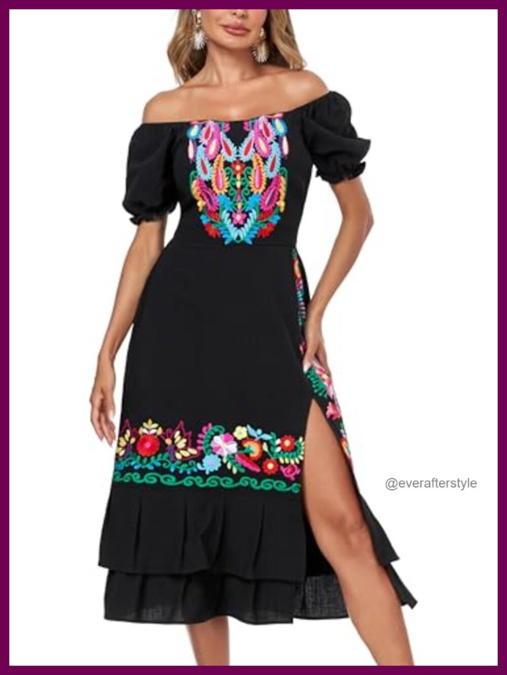 Boho Floral Embroidered Split Midi Dress Puff Sleeve Sundress